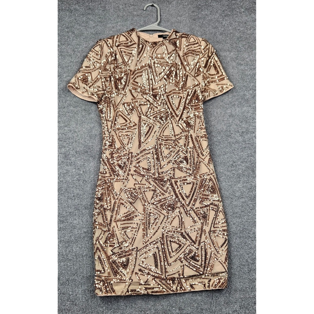 Forever 21 Rose Gold Sequin Geometric Triangle Mini Dress Beige Mesh Medium
